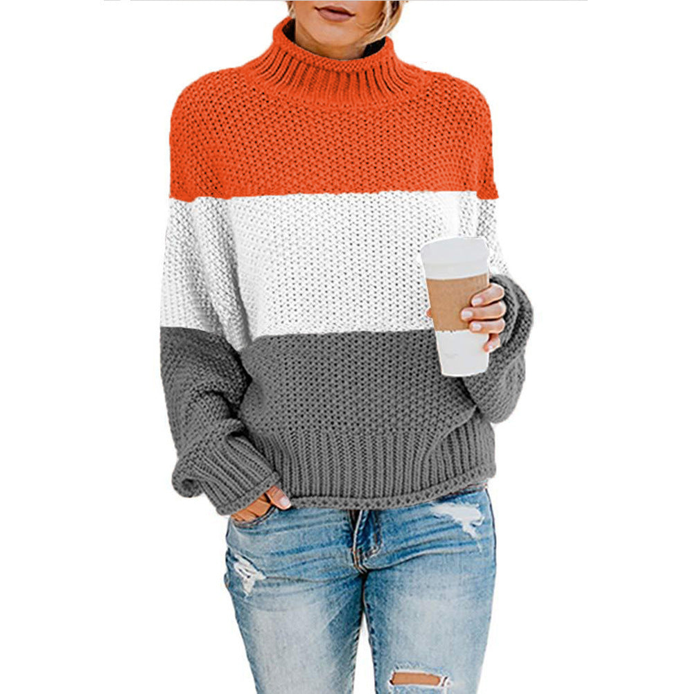 Damen Grobstrickpullover mit hohem Kragen und modischem Farbblockdesign Heidi-Mode