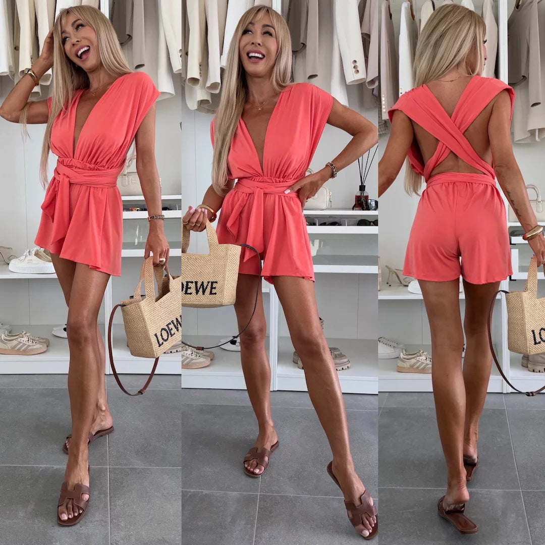 Damen Eleganter Jumpsuit mit tiefem V-Ausschnitt und Taillengürtel Heidi-Mode