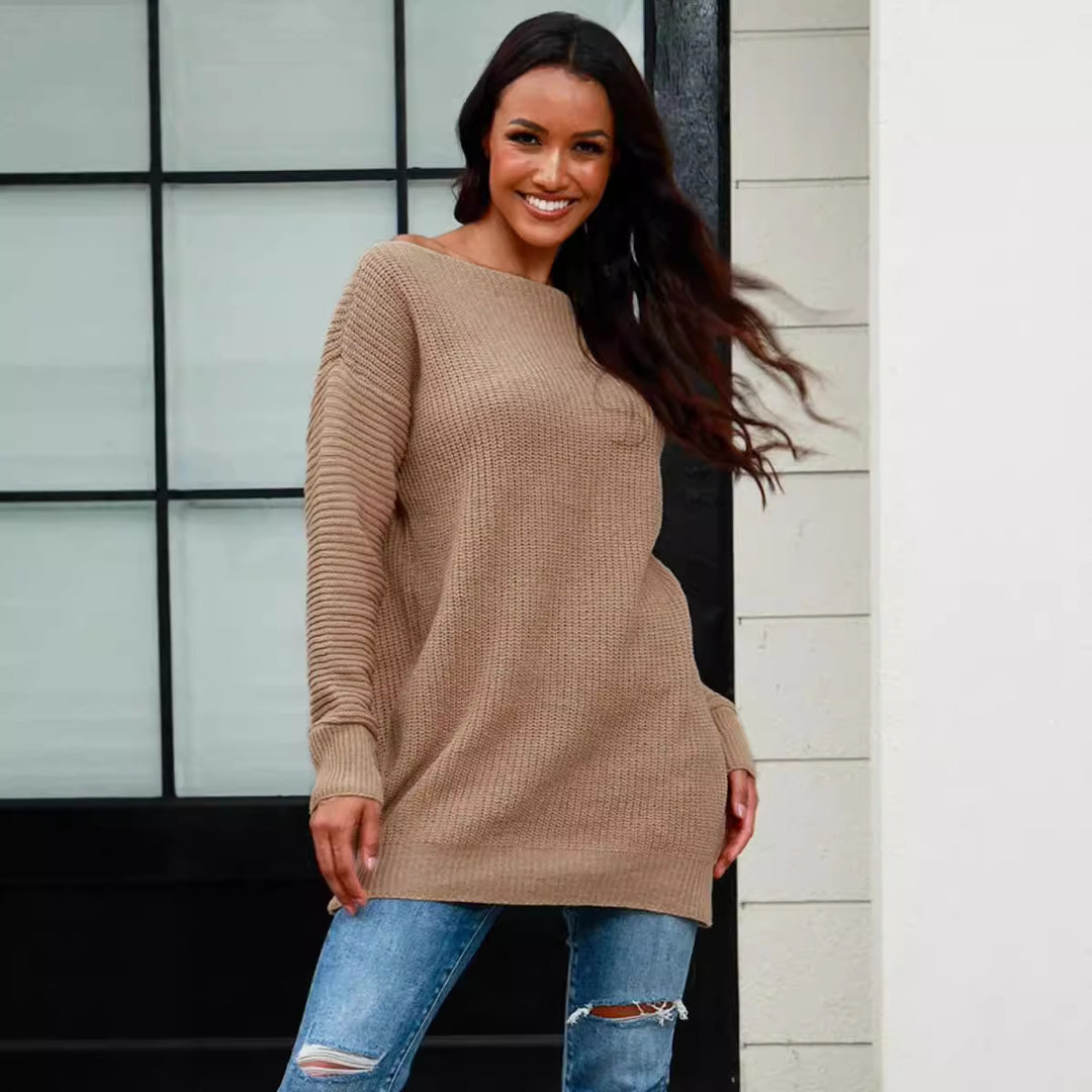 Damen lässiger Strickpullover mit weitem Ausschnitt und Rippstruktur Heidi-Mode