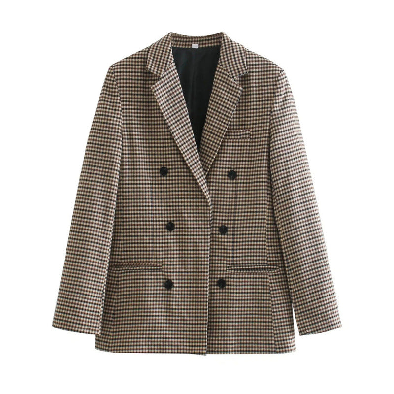 Damen kariertes Blazerjacke mit doppelter Knopfreihe und idealem Schnitt Heidi-Mode