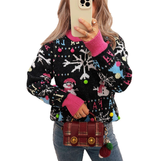 Damen festlicher Pullover mit farbenfrohen Weihnachtsmotiven und verspielten Details Heidi-Mode