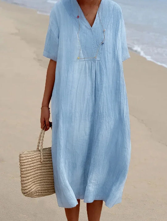 Damen lässiges Midi-Kleid mit V-Ausschnitt und bequemen Kurzärmeln Heidi-Mode
