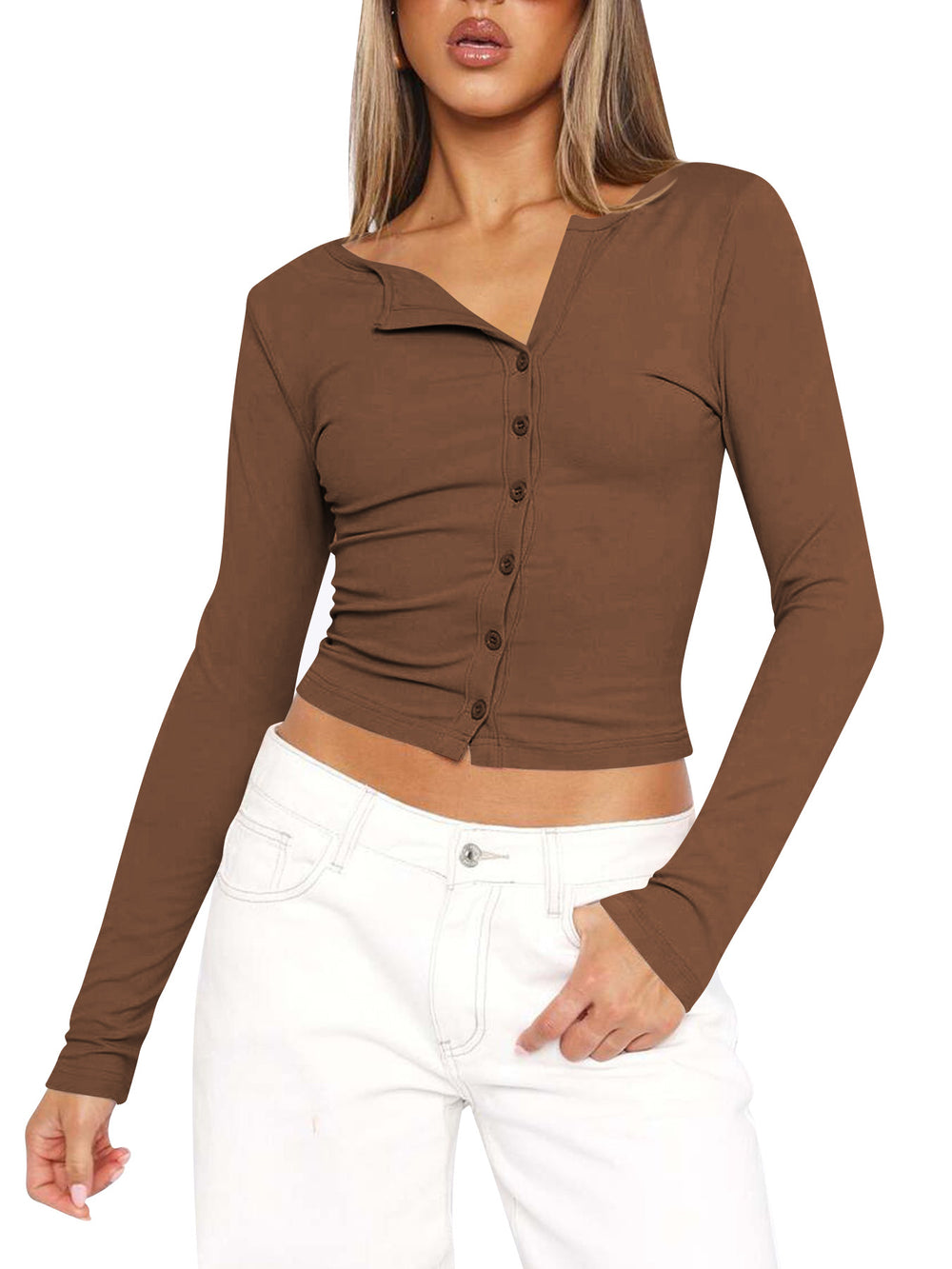 Damen figurbetontes Langarmshirt mit Knopfleiste und V-Ausschnitt Heidi-Mode