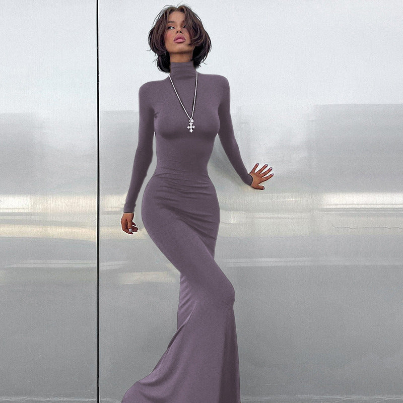 Damen elegantes Maxikleid mit figurbetonter Silhouette und hohem Kragen Heidi-Mode