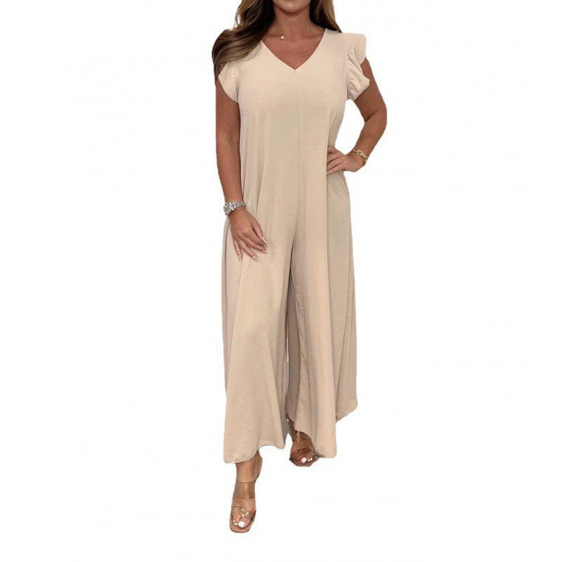 Damen luftiger Jumpsuit mit weit geschnittenem Bein und V-Ausschnitt Heidi-Mode