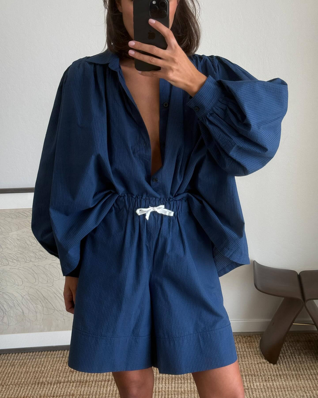 Damen lässiges Kombi-Outfit mit lockerer Bluse und Shorts Heidi-Mode