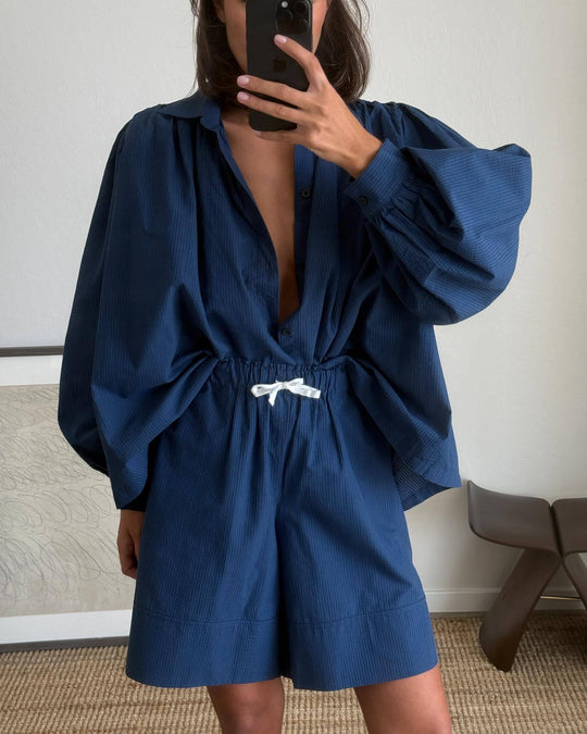 Damen lässiges Kombi-Outfit mit lockerer Bluse und Shorts Heidi-Mode
