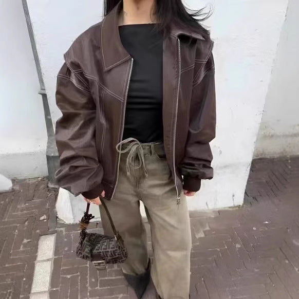 Damen modische Lederjacke mit strukturiertem Kragen und praktischen Taschen Heidi-Mode