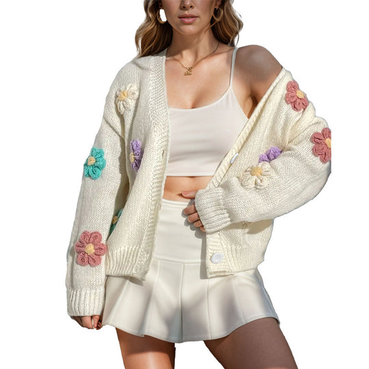 Damen Strickjacke mit floralen Applikationen Heidi-Mode