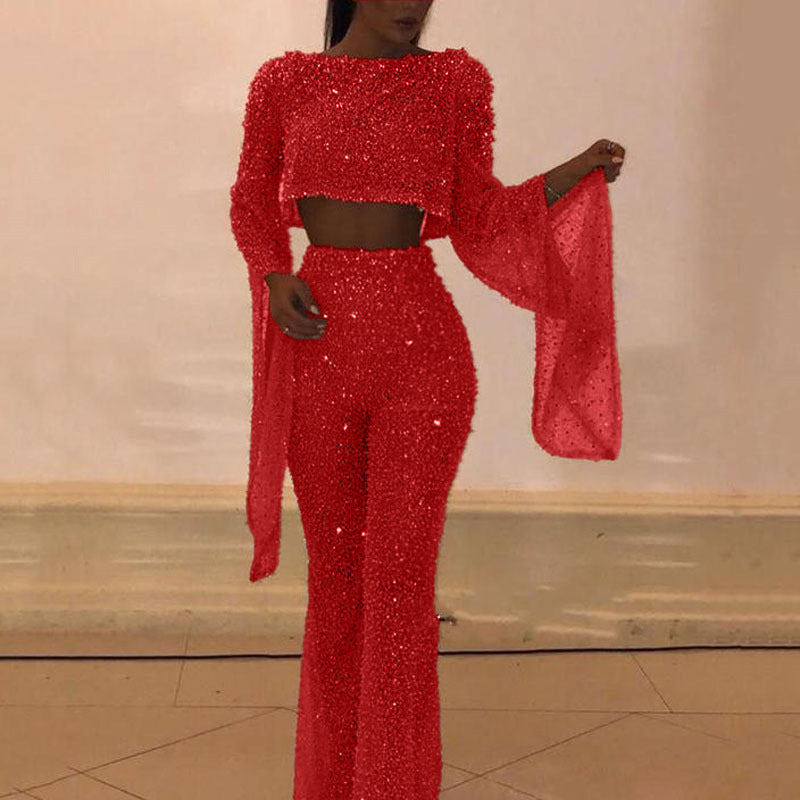Damen Glitzerndes Zweiteiliges Set mit weitem Bein und langen Ärmeln Heidi-Mode