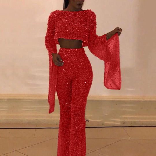 Damen Glitzerndes Zweiteiliges Set mit weitem Bein und langen Ärmeln Heidi-Mode