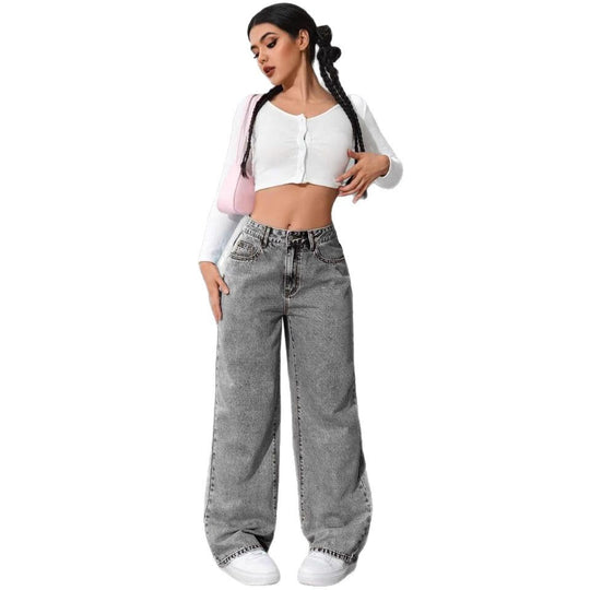 Damen Weit geschnittene Jeans mit kräftigen Kontrastnähten und verspielt gestickten Taschen Heidi-Mode