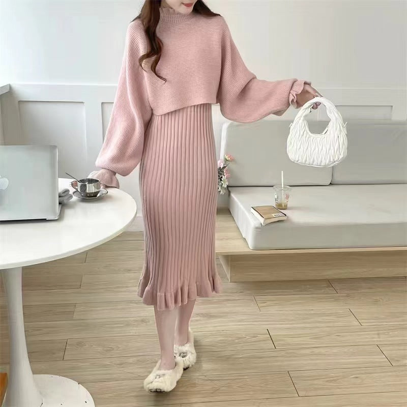 Damen Strickkleid mit hochgeschlossenem Kragen und Rippstruktur Heidi-Mode