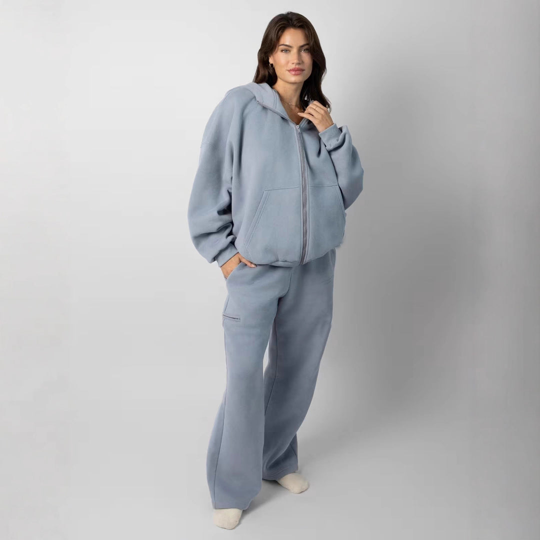Damen oversized Fleece-Hoodie mit lässigem Reißverschluss und Kängurutaschen Heidi-Mode