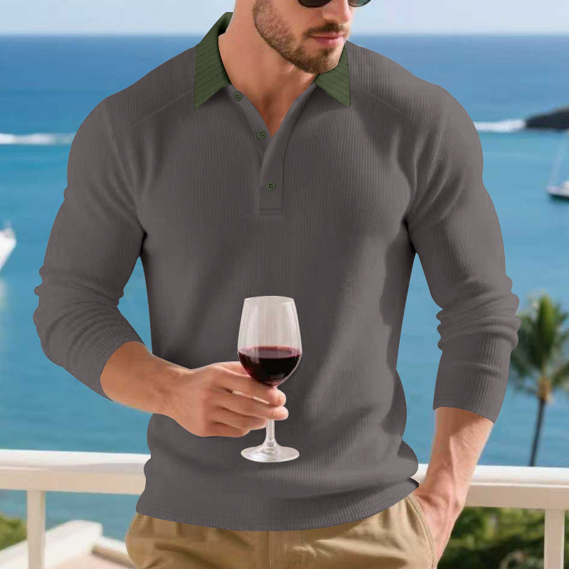 Herren Langarm Poloshirt mit strukturiertem Design und kontrastierendem Stehkragen Heidi-Mode