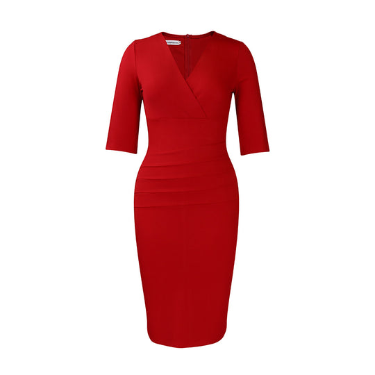 Damen figurbetontes Midikleid mit V-Ausschnitt und raffiniertem Drapierungsdesign Heidi-Mode
