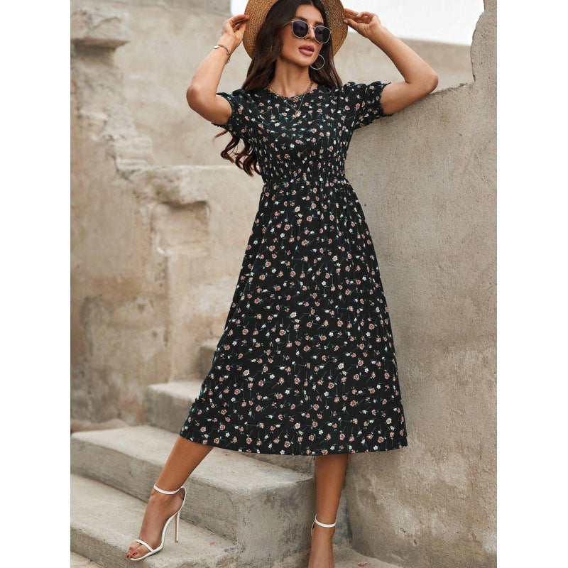 Damen Leichtes Blumendruck Maxi Kleid mit Smock-Taille Heidi-Mode
