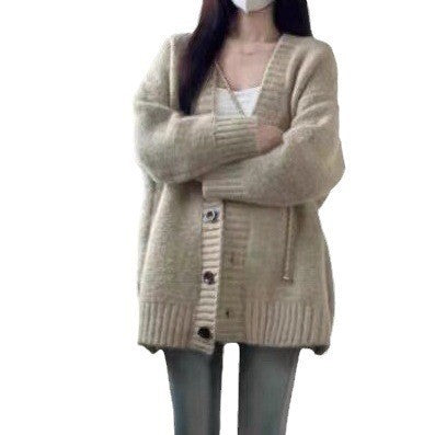 Damen Grobstrickjacke mit voluminösen Ärmeln und knöpfbarem Ausschnitt Heidi-Mode