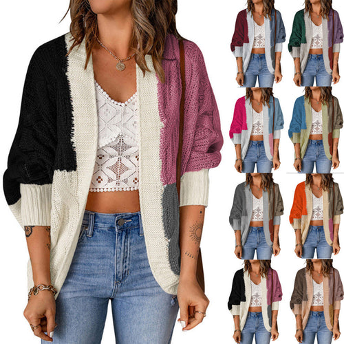 Damen lässige Strickjacke mit buntem Patchwork-Design und weitem Schnitt Heidi-Mode