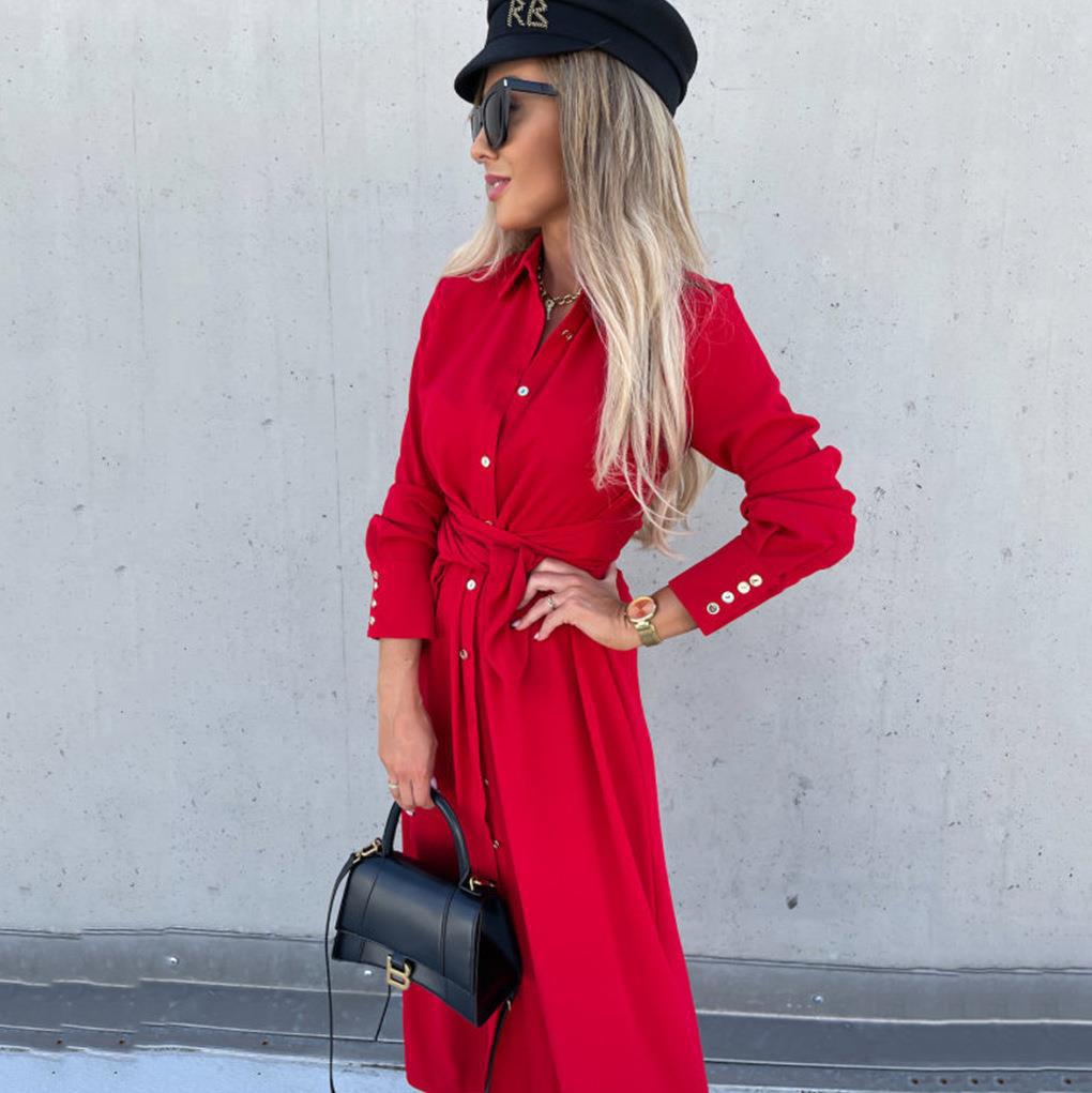 Damen Lange Hemdbluse mit Bindegürtel und elegantem Material Heidi-Mode