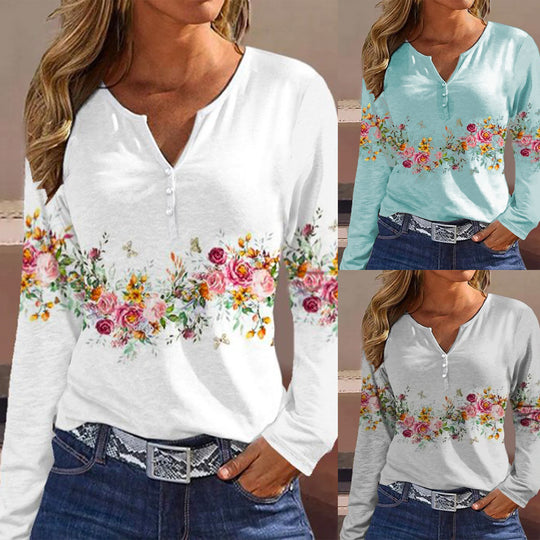Damen Langarmshirt mit floralem Motiv und Knopfdetails Heidi-Mode
