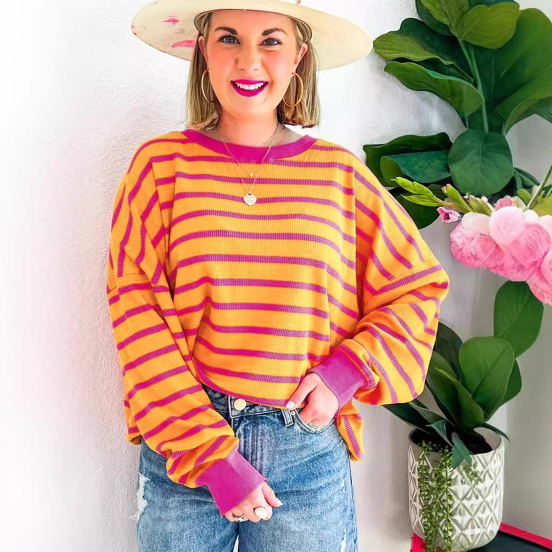 Damen lässiger und bequemer Pullover mit strukturiertem Rippenmuster und weitem Schnitt Heidi-Mode