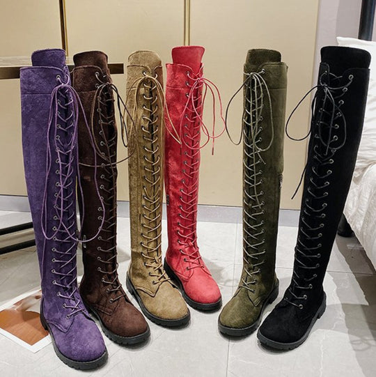 Damen Überknee-Stiefel mit modischem Schnür-Design und robustem Profil Heidi-Mode