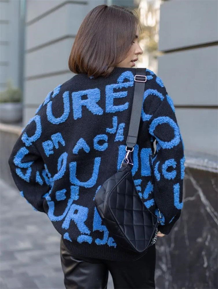 Damen Oversized Strickpullover mit auffälligem Schriftzug und lässiger Passform Heidi-Mode