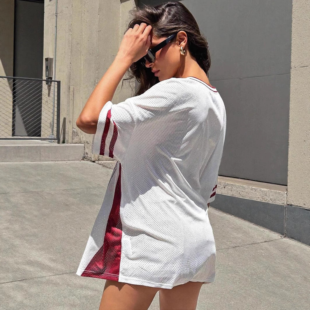 Damen Sportliches Fußballtrikot mit luftiger Netzstruktur und V-Ausschnitt Heidi-Mode