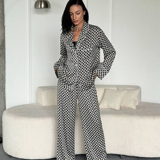 Heidi-Mode | Herbst Herbst Warm Karierte Lange Ärmel Hose Zwei Teile Set Hoch Gefühl Imitieren Seide Pyjama Frauen