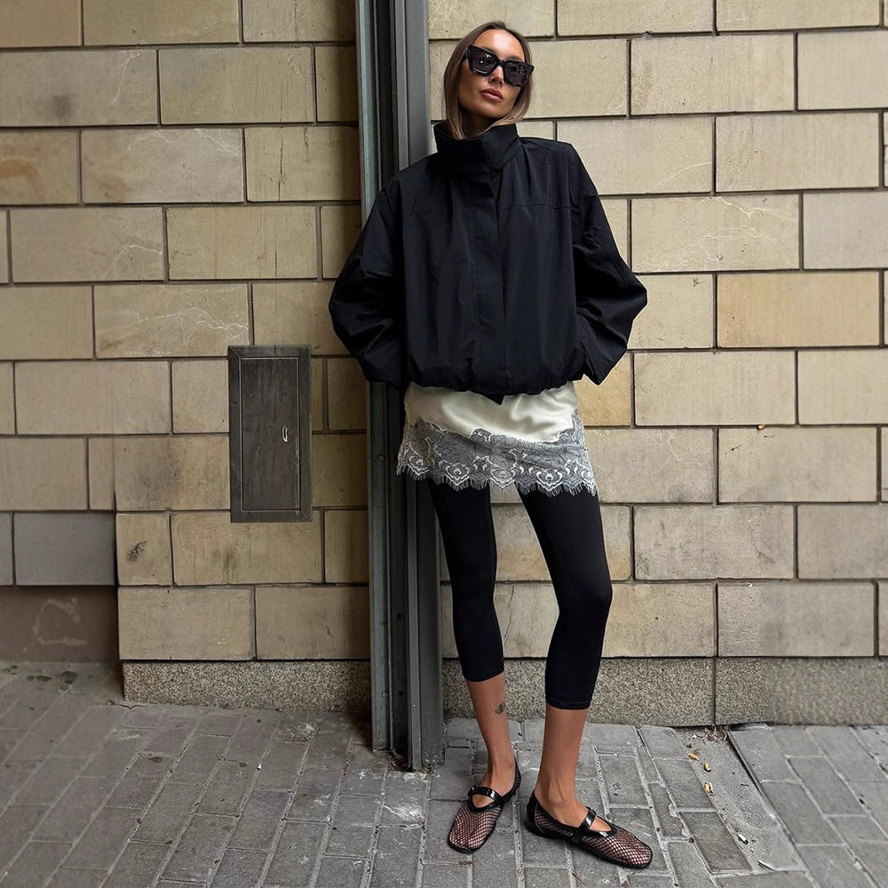 Damen lässige oversized Jacke mit hohem Kragen und verstellbarem Verschluss Heidi-Mode