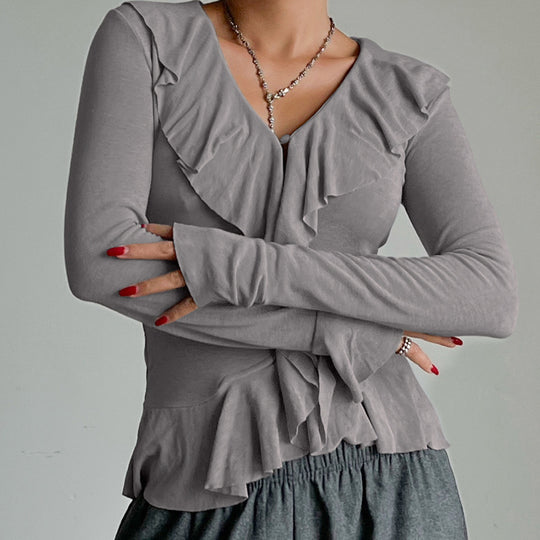 Damen Rüschenbluse mit verführerischem V-Ausschnitt und elastischem Saum Heidi-Mode