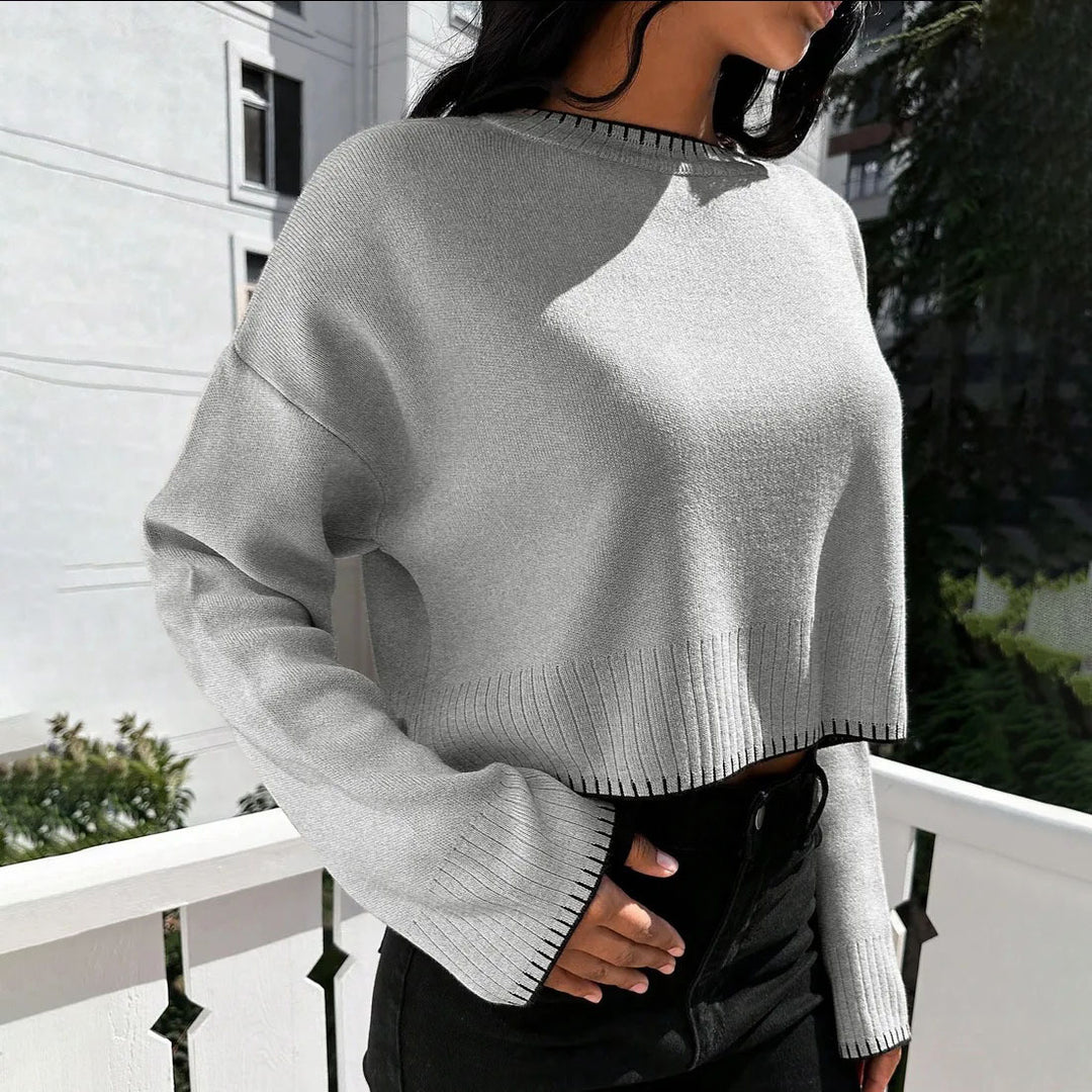 Damen lässiger Cropped Pullover mit feiner Rippstruktur und elastischem Bund Heidi-Mode
