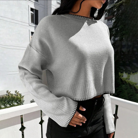 Damen lässiger Cropped Pullover mit feiner Rippstruktur und elastischem Bund Heidi-Mode