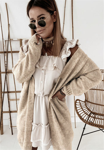 Damen Oversized Strickmantel mit lässigem V-Ausschnitt und luftiger Maschenstruktur Heidi-Mode