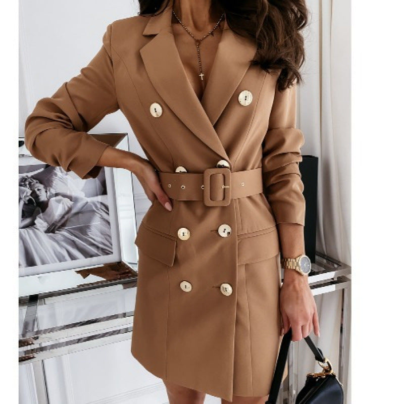 Damen doppelt knopf-beschichtetes Gürtel Mini Blazer Kleid Heidi-Mode