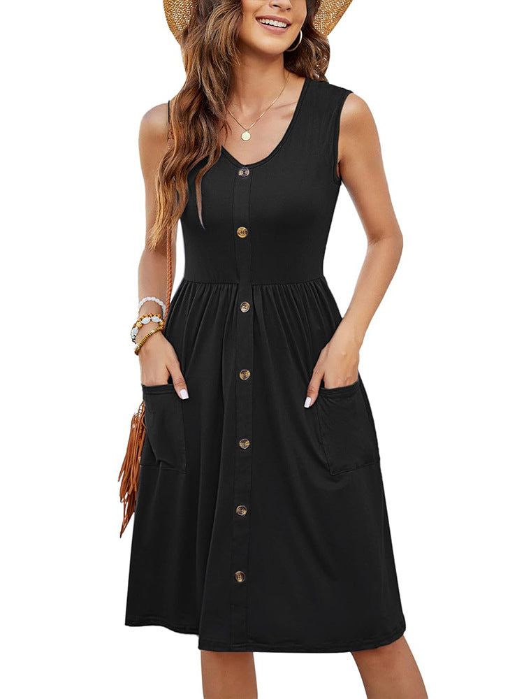 Damen Knielanges Sommerkleid mit Knopfdetails und praktischen Taschen Heidi-Mode