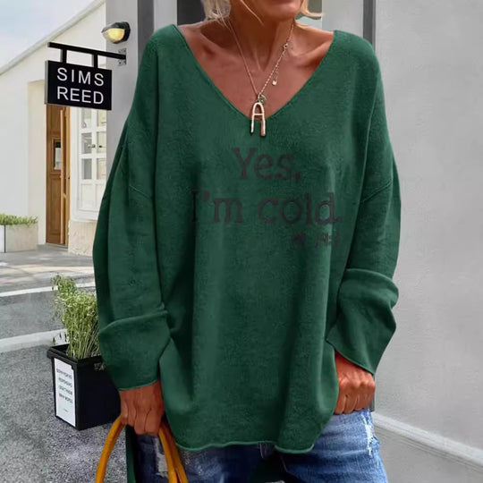 Damen Oversized Pullover mit modernem V-Ausschnitt und aufgedrucktem Statement Heidi-Mode