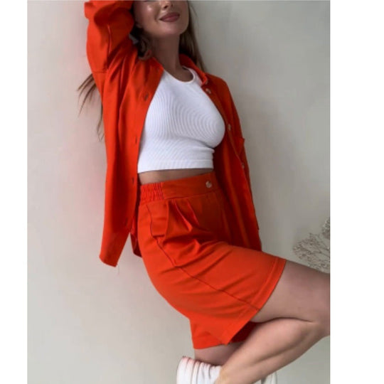 Heidi-Mode | Locker Langarm-Top Lässige Hochbund-Shorts Zweiteiliges Set