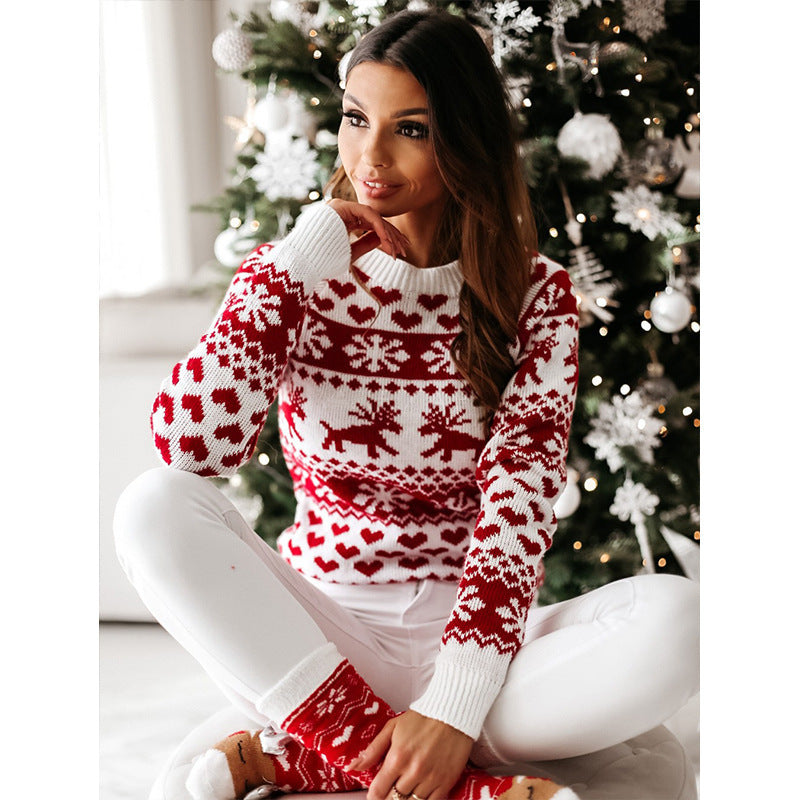 Damen Strickpullover mit weihnachtlichem Muster und Rundhalsausschnitt Heidi-Mode