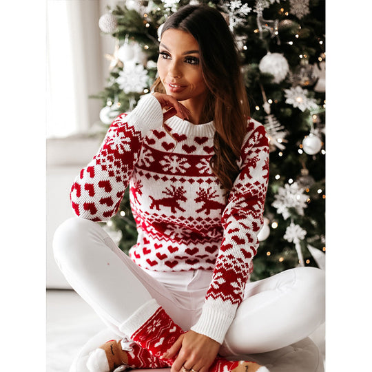 Damen Strickpullover mit weihnachtlichem Muster und Rundhalsausschnitt Heidi-Mode