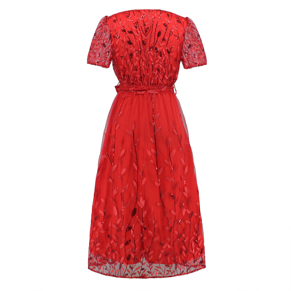Heidi-Mode | Kurzärmliges Kreuz V-Ausschnitt Gürtel Midi Kleid