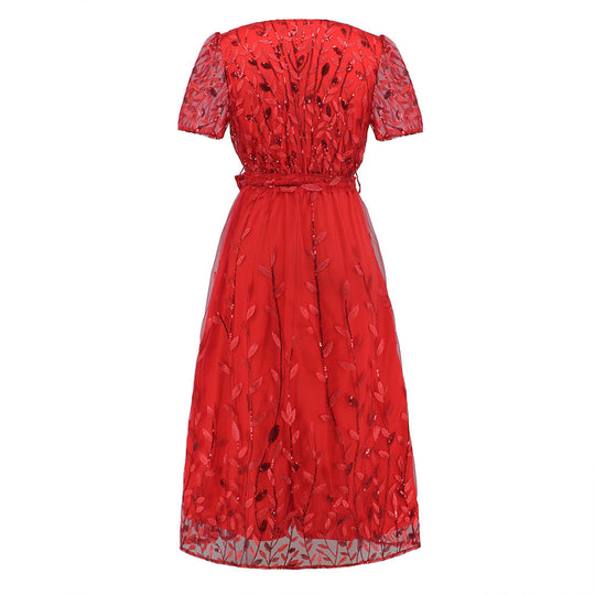 Heidi-Mode | Kurzärmliges Kreuz V-Ausschnitt Gürtel Midi Kleid