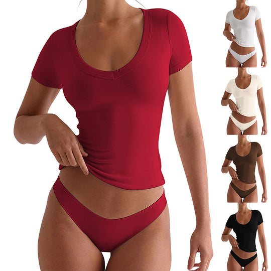 Damen figurbetontes V-Neck T-Shirt mit kurzen Ärmeln Heidi-Mode