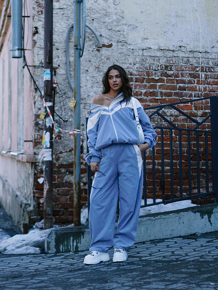 Damen sportliches Freizeitanzug-Set mit Designerkapuze und gestreiftem Design Heidi-Mode