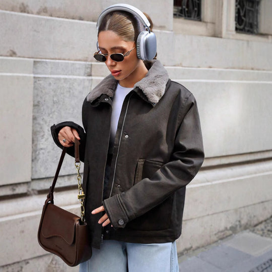 Damen lässige Übergangsjacke mit Kunstfellkragen und praktischen Taschen Heidi-Mode