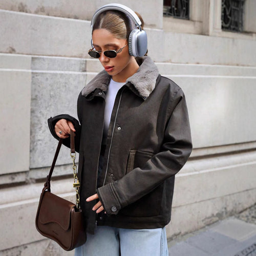 Damen lässige Übergangsjacke mit Kunstfellkragen und praktischen Taschen Heidi-Mode