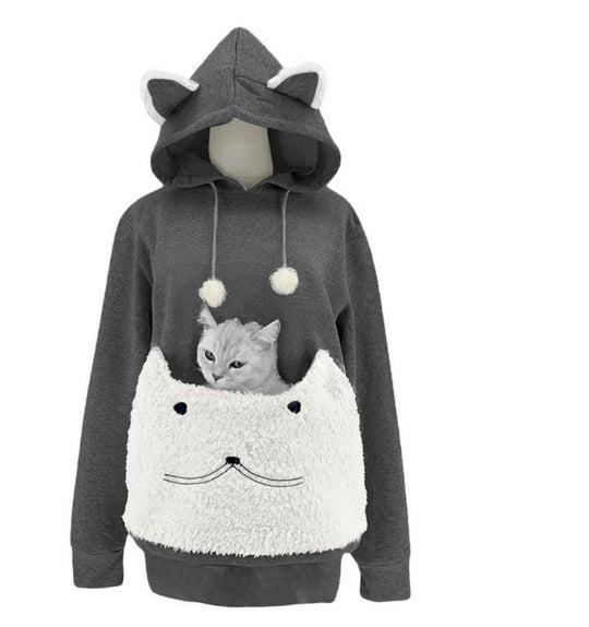 Damen Kuscheliger Kapuzenpullover mit Katzenmotiv und praktischer Känguru-Tasche Heidi-Mode