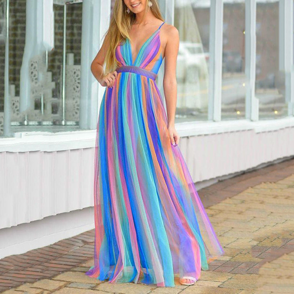 Heidi-Mode | Regenbogen Chiffon Spaghetti-Träger Kleid