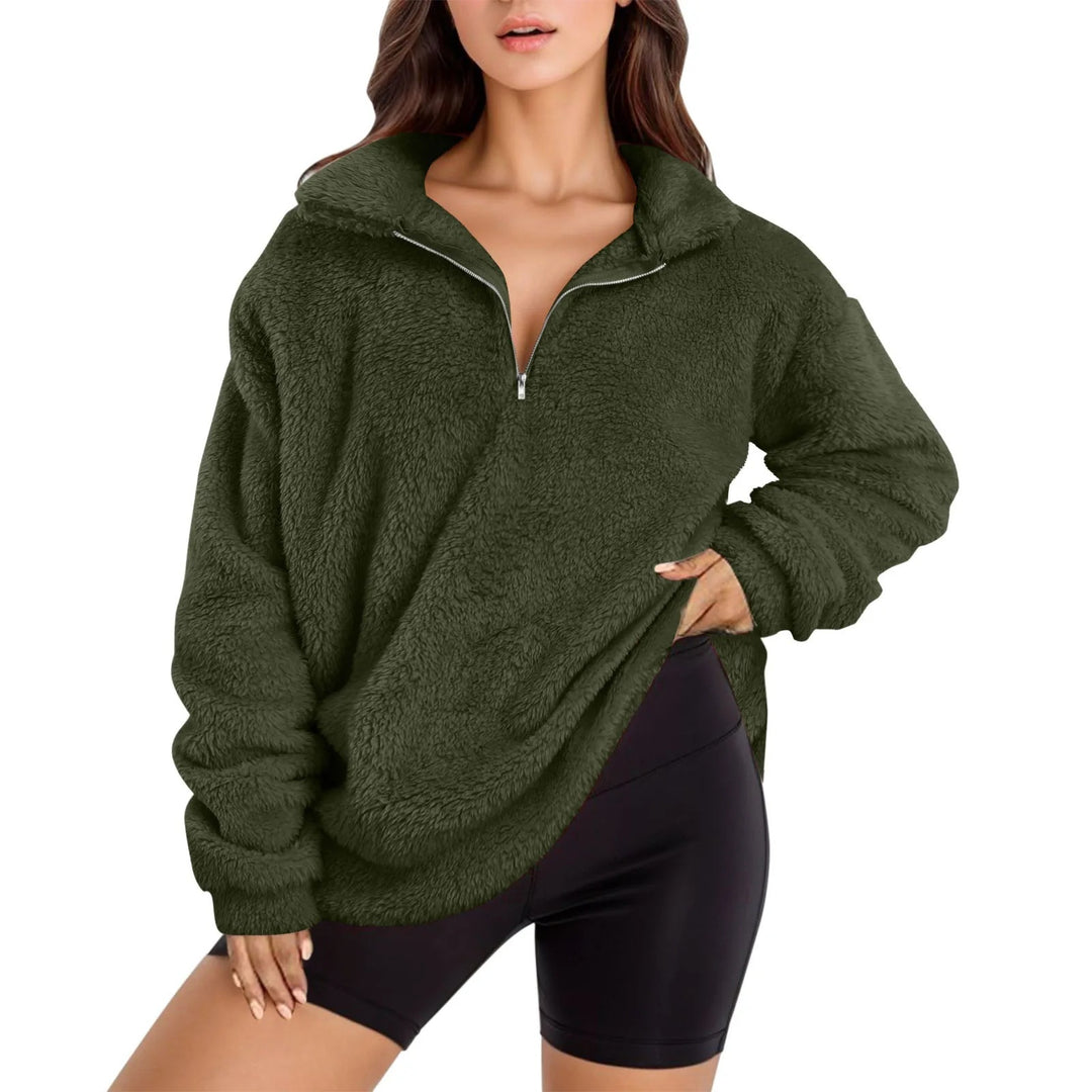 Damen Fleece-Pullover mit halbem Reißverschluss und Oversize-Schnitt Heidi-Mode